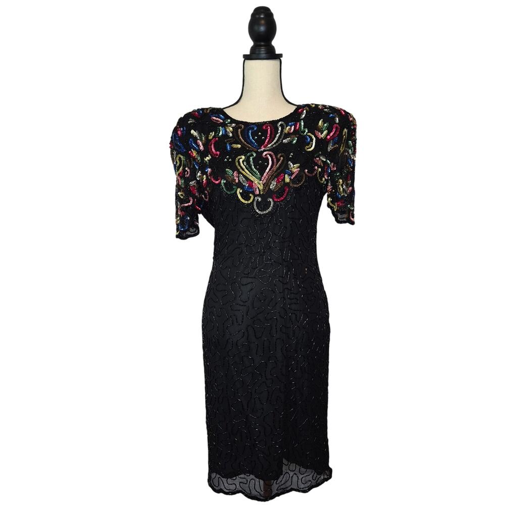 Vintage 80s Swee Lo Beaded Silk Cocktail Dress Multicolor Sequin Open Back Sz S